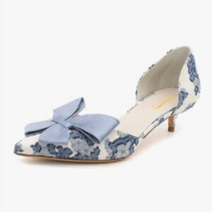 XYD Blue Bloom Embroidery D'Orsay Kitten Heel Bridal Bowknot Pointed Toe Pumps